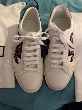Gucci White Leather Low-Top Sneakers with Red & Black Snake Embroidery